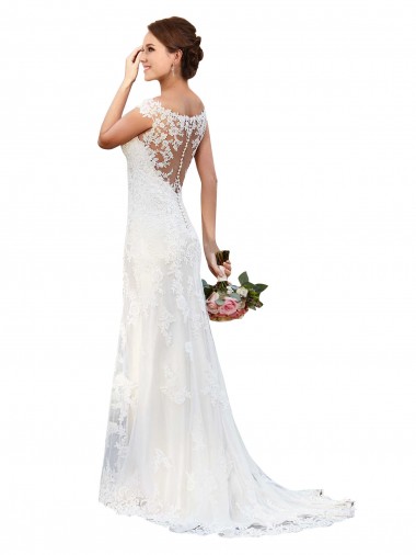 Shop Illusion Bateau Neckline Fit and Flare Lace Wedding Dress