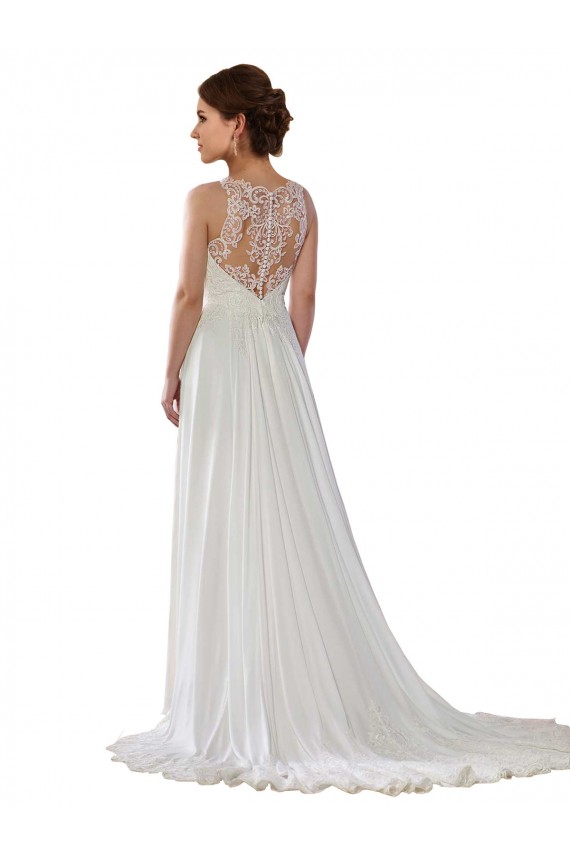 Shop Illusion Neck A-Line Chiffon Beach Wedding Dress with Lace Halter Neckline