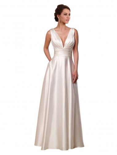 Shop Deep V-Neck A-Line Satin Wedding Dress with Pockets