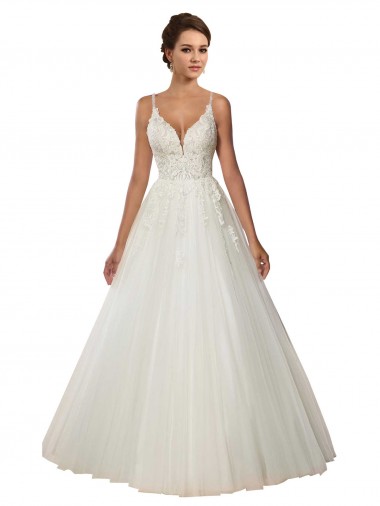 Shop Modern Spaghetti Straps Ball Gown Tulle Wedding Dress with Lace Bodice