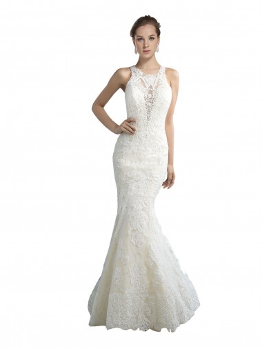 Shop Deep Illusion Neck Mermaid Tulle Beach Wedding Dress with All Over Lace