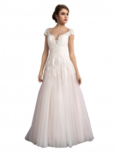 Shop Illusion Cap Sleeves A-Line Tulle Beach Wedding Dress with Lace Bodice