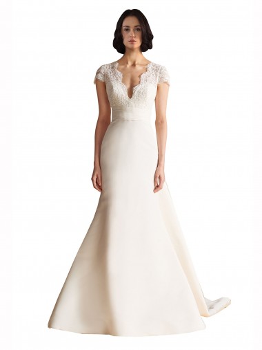 Shop V-Neck Lace Bodice A-Line Satin Wedding Dress with Keyhole Back