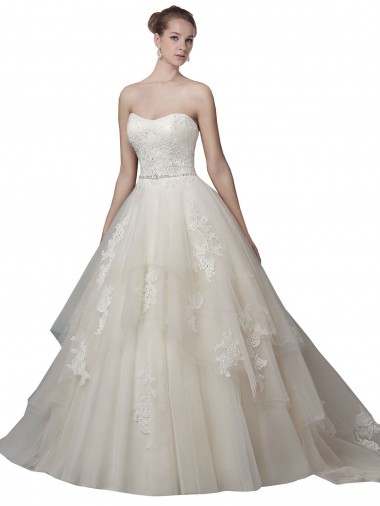 Shop Strapless Ball Gown Tulle Wedding Dress with Lace Appliques