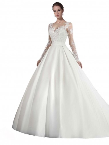 Shop Long Sleeves Illusion Neck A-Line Satin Wedding Dress with Lace Bodice