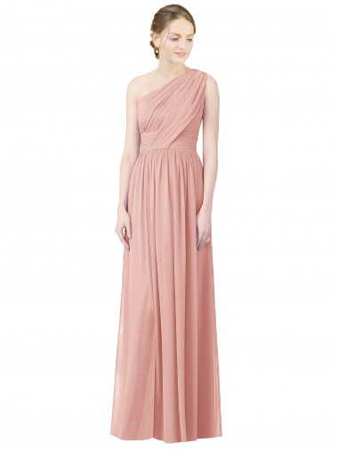 Shop One Shoulder Long Chiffon Bridesmaid Dress with Shirred Waistband