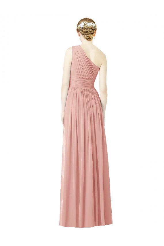 Shop One Shoulder Long Chiffon Bridesmaid Dress with Shirred Waistband