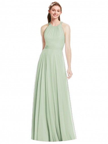 Shop Open Back Halter Chiffon Bridesmaid Dress with Flowy Bow