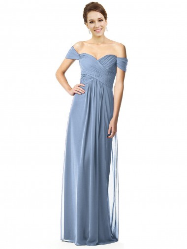 Shop Off the Shoulder Chiffon Bridesmaid Dress with Draped Bodice