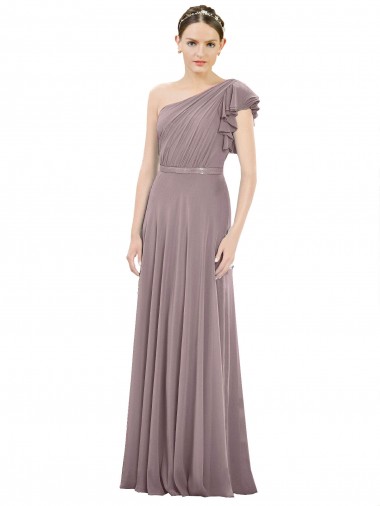 Shop Full Length One Shoulder Chiffon Bridesmaid Dress with Shoulder Ruffle