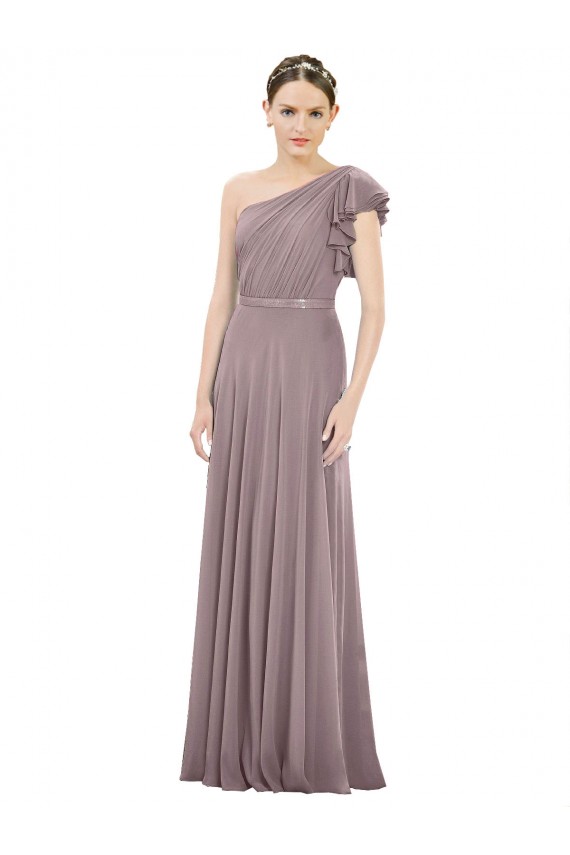 Shop Full Length One Shoulder Chiffon Bridesmaid Dress with Shoulder Ruffle