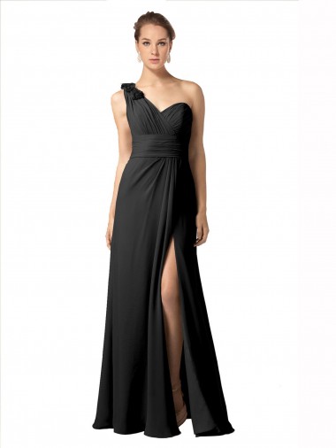 Shop Sheer One Shoulder Chiffon A-Line Bridesmaid Dress with Slit