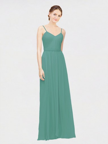 Shop Rouched V-Neckline and Spaghetti Straps Long Chiffon Bridesmaid Dress