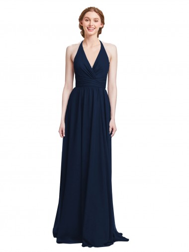 Shop Halter Chiffon Bridesmaid Dress with V-Neckline and Criss Cross Waist