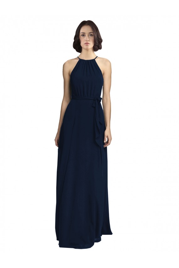 Shop High Neckline Floor Length Chiffon Bridesmaid Dress with Belt