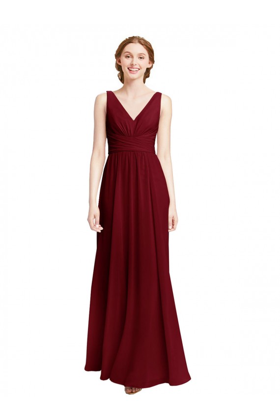 Shop Long Chiffon V-Neck Bridesmaids Dress with Double Strap