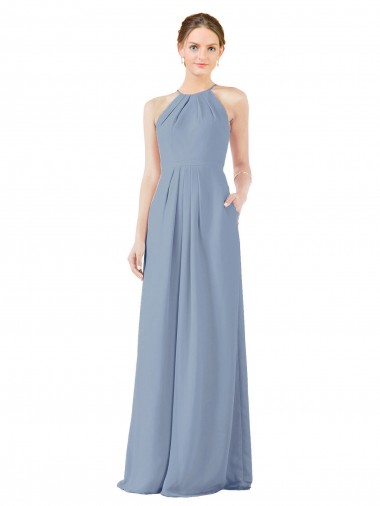 Shop Fitted Long High Halter Neck Chiffon Bridesmaid Dress with Keyhole Back