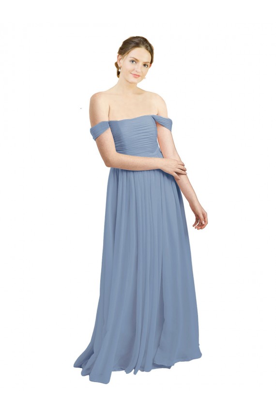 Shop Long Floor Length Chiffon Bridesmaid Dress with Fluttering Off the Shoulder Straps