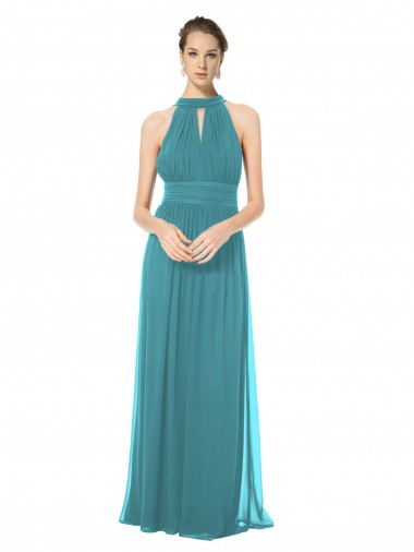 Shop Ruched Long Chiffon Halter Bridesmaid Dress with Tie Back and Tails