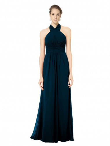 Shop Keyhole Back Long Chiffon Halter Dress with Halter Straps Cross Neck