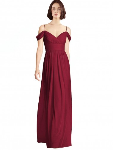 Shop Off the Shoulder Long Chiffon Bridesmaid Dress with Pleated Sleeves