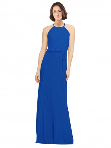 Shop Long Jewel Neckline Chiffon Bridesmaids Dress wit Chiffon Tie Sash