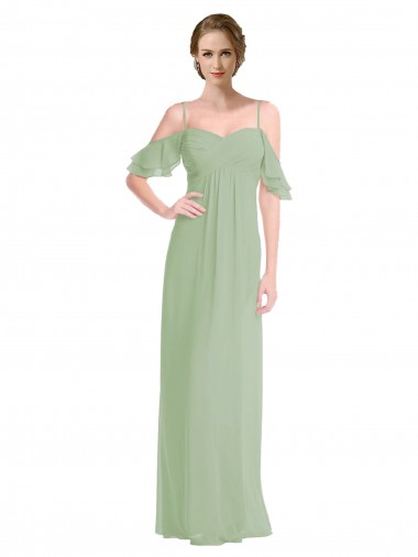 Shop Long Chiffon Off-The-Shoulder Bridesmaid Dress with Double Flounce Sleeves