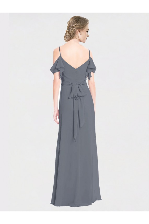 Shop Long Chiffon Spaghetti Strap V-Neck Bridesmaid Dress with Off-The-Shoulder Flutter Sleeves