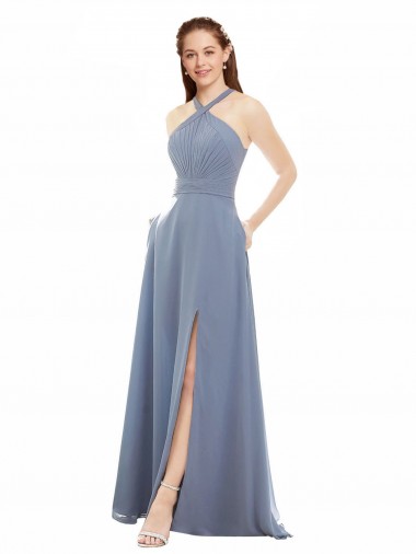 Shop High Neck Chiffon Bridesmaid Dress with Draped Bodice & Pockets