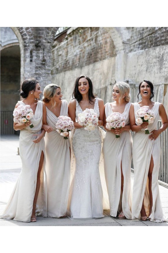 Shop Chiffon Long Champagne Bridesmaid Dresses with Sexy High Slit and Front Ruffles