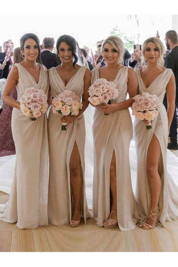 Shop Chiffon Long Champagne Bridesmaid Dresses with Sexy High Slit and Front Ruffles