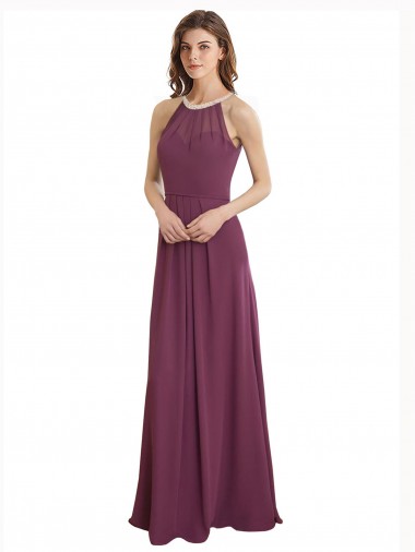 Shop High Neckline Long Chiffon Bridesmaid Dress with Beaded Trim