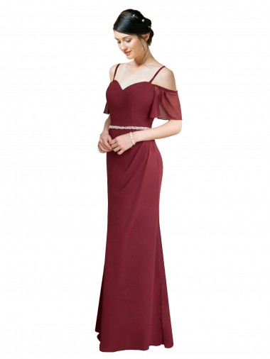 Shop Draped Cold Shoulder Long Chiffon Bridesmaid Dress with Spaghetti Straps