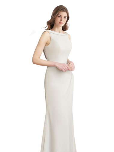 Shop Long Chiffon Bridesmaid Dress with Boat Neckline and Satin Collar