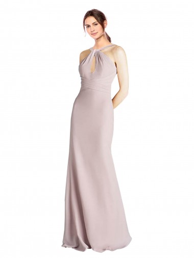 Shop Long Slim Chiffon Bridesmaid Dress with Ruffled Waist and Keyhole