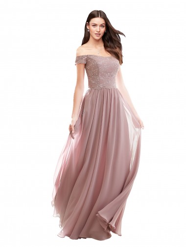 Shop Floor Length Chantilly Lace Off the Shoulder Chiffon Bridesmaid Dress