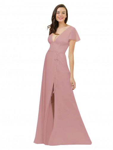 Shop Flutter Sleeves Short Chiffon Bridesmaid Dress with Tie Belt