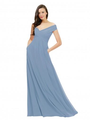 Shop Chiffon Bridesmaid Dress with Classic Off the Shoulder Neckline