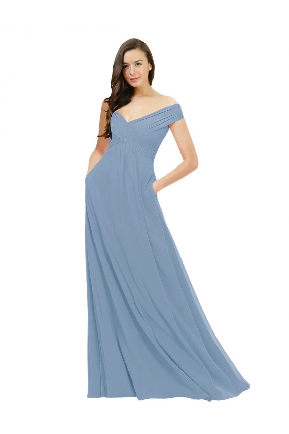 Shop Chiffon Bridesmaid Dress with Classic Off the Shoulder Neckline