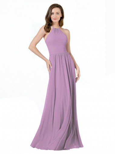 Shop High Halter Chiffon Bridesmaid Dress with Ruffle Details Back