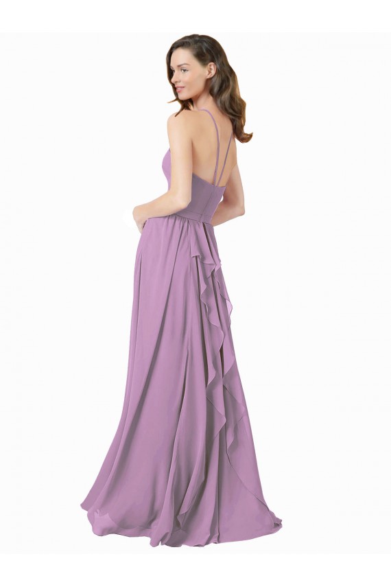 Shop High Halter Chiffon Bridesmaid Dress with Ruffle Details Back