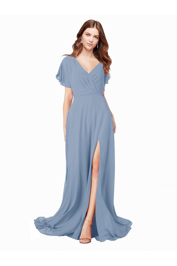 Shop Chiffon Bridesmaid Dress / Prom Dress with Flutter Sleeves and Front Slit