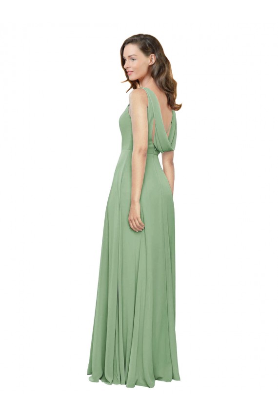 Shop High Neck Chiffon Bridesmaids Dress with Low Cowl Back