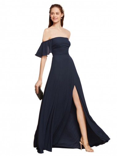 Shop Off the Shoulder Floaty Sleeves Chiffon Bridesmaid Dress / Prom Dress with High Slit