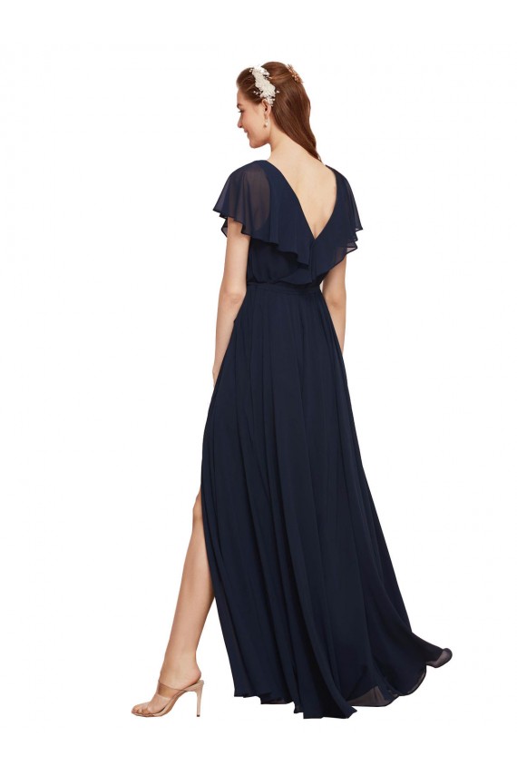 Shop Long V-Neck Chiffon Bridesmaid Dress with Slit and V-Back