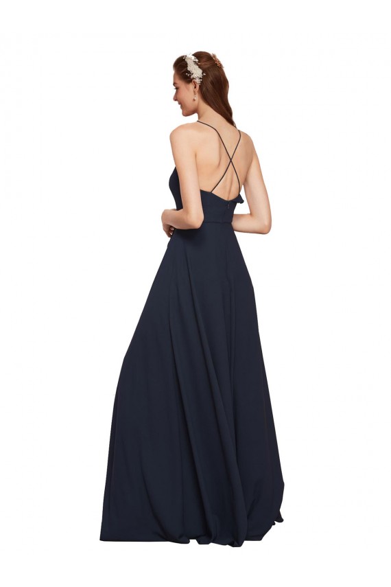 Shop Long Chiffon Bridesmaid Dress with Criss Cross Straps and Ruffles