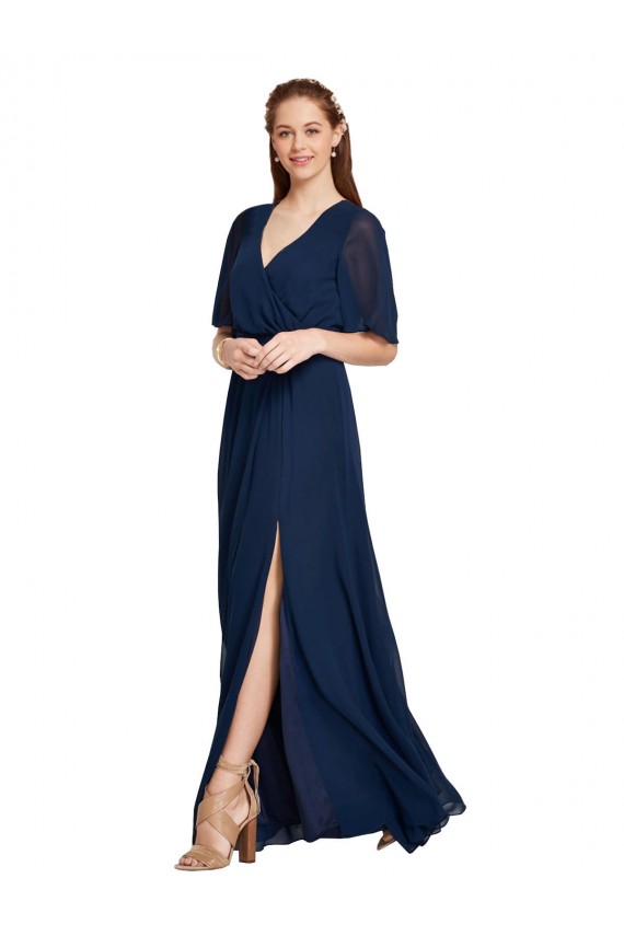 Shop V-Neck Plush Chiffon Bridesmaid Dress with Flutter Sleeves