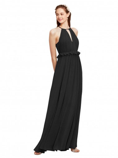 Shop Halter Neck Front Keyhole Chiffon Bridesmaid Dress with Shirred Waist