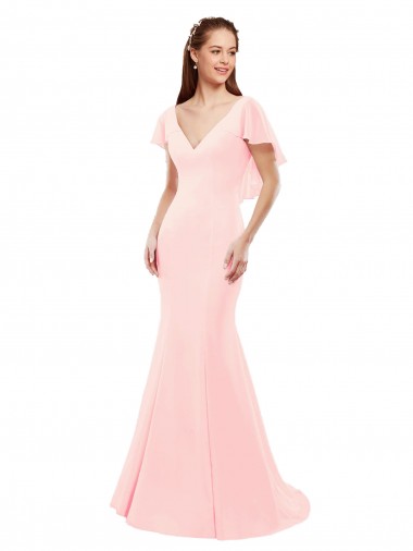 Shop Fit and Flare Chiffon Bridesmaid Dress with V-Neck and Flutter Sleeves