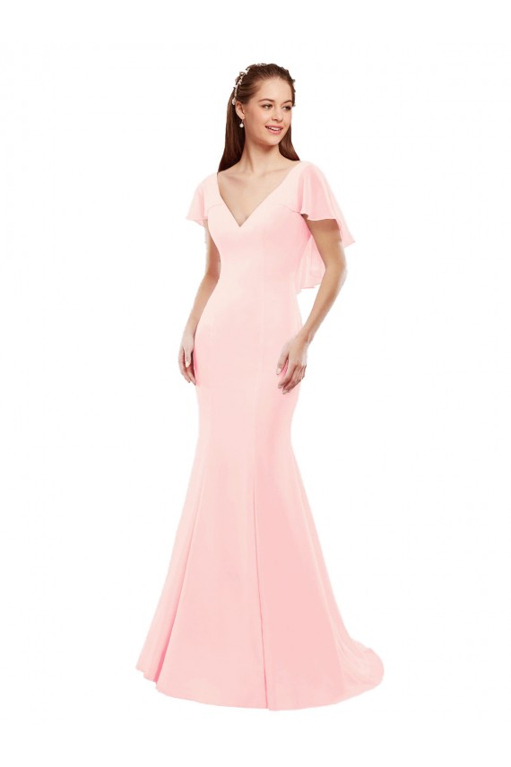 Shop Fit and Flare Chiffon Bridesmaid Dress with V-Neck and Flutter Sleeves